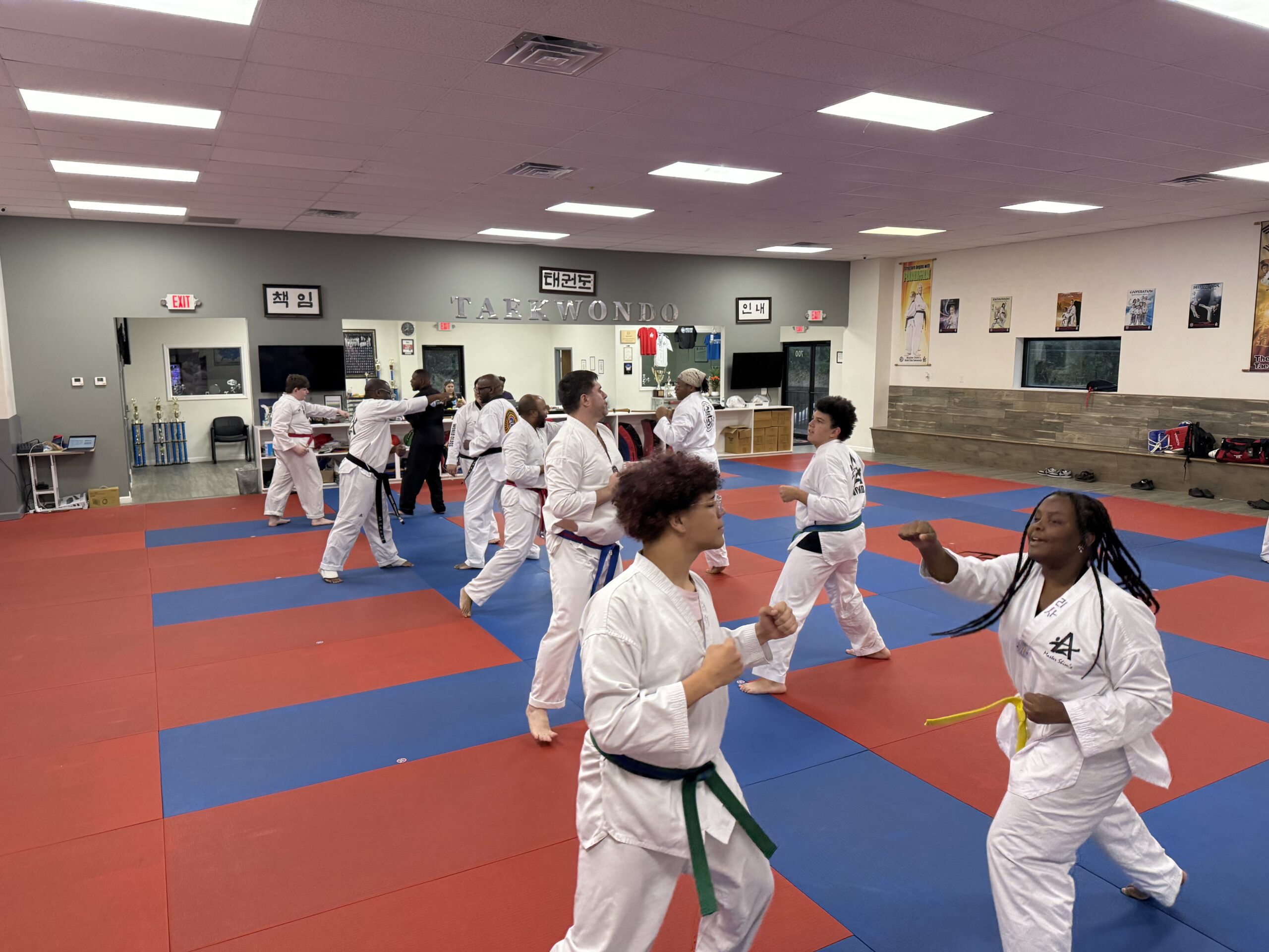 Adults training together in Tae Kwon Do class at Master Shim's World Class Tae Kwon Do