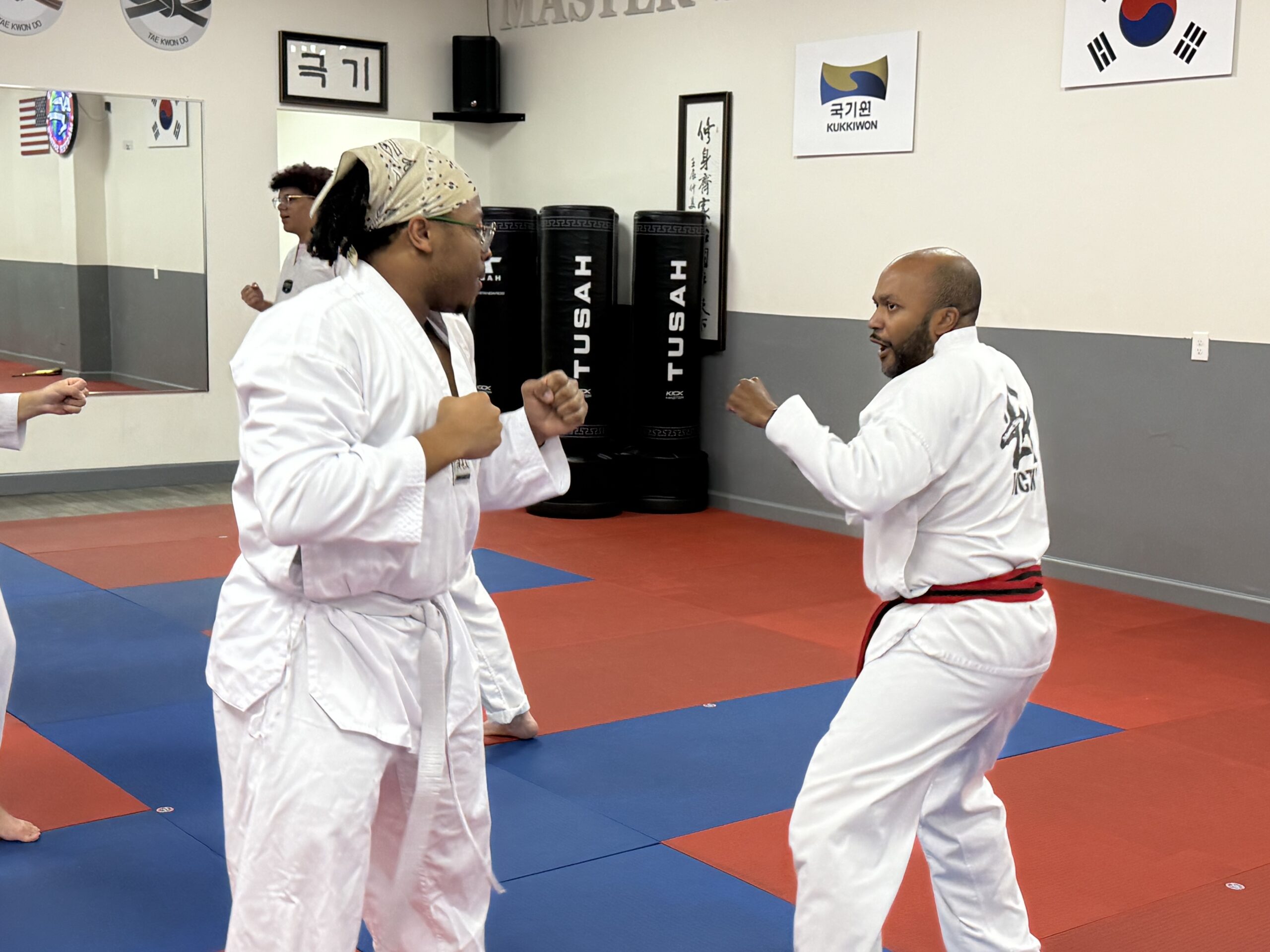 Adult martial arts students practicing partner techniques during Tae Kwon Do class at Master Shim's