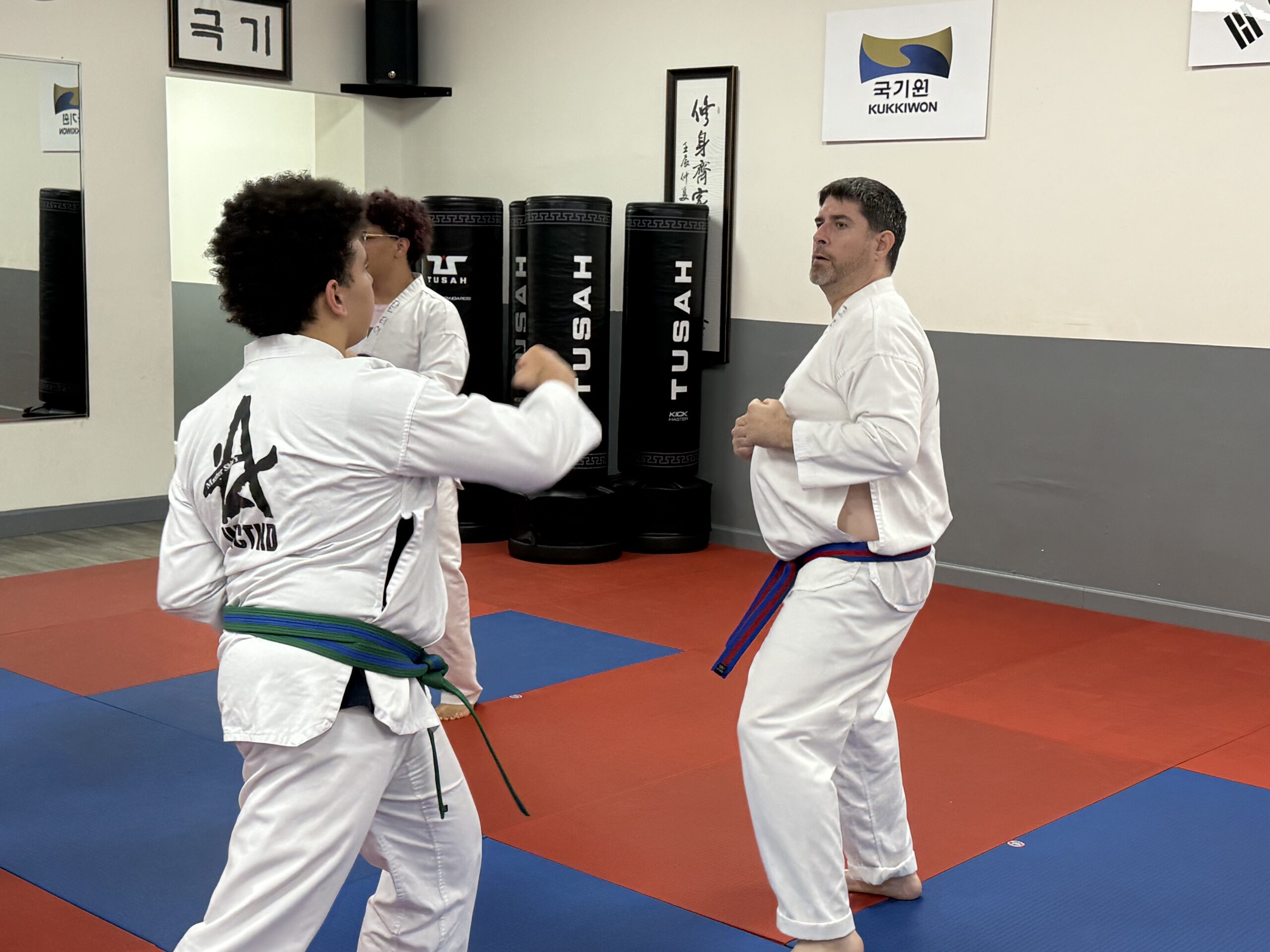 Adult Tae Kwon Do students practicing technique together at Master Shim's