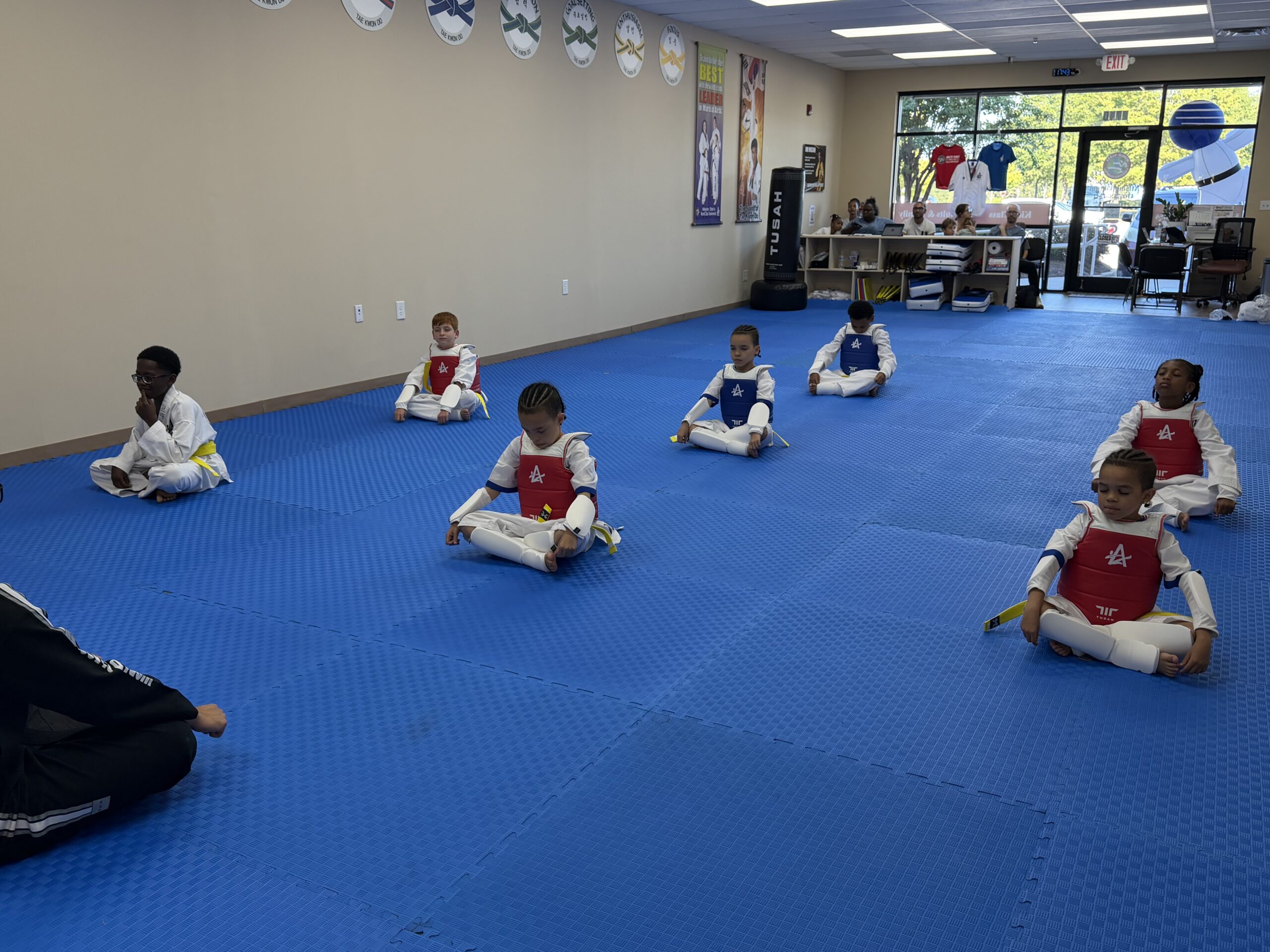 Kids practicing Tae Kwon Do kicks and martial arts techniques at Master Shim's